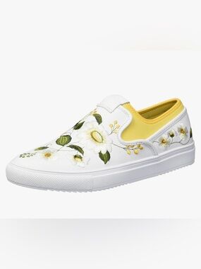 Mark Nason White Slip-On Sneaker with Yellow Trim/ flower embroidery/ woman’s 10